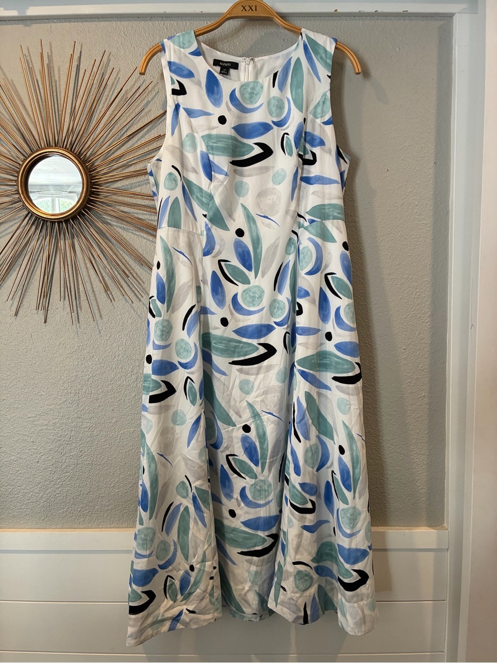 Alfani White Sleeveless Midi Dress with Blue & Green Abstract Print